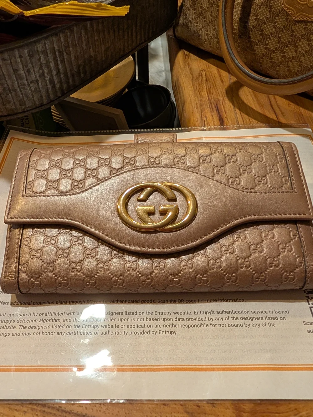Gucci Metallic Rose Gold GG Continental Wallet & COA, Chain